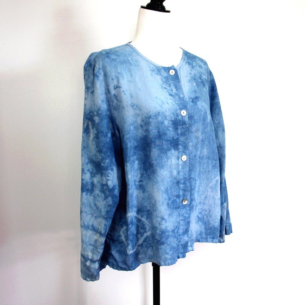 Vintage Denim Blue Tie Dye Linen Blouse, RUSS BERENS Malibu, Made in USA